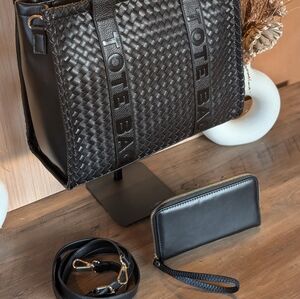 Black Woven Tote Bag With Wallet And Crossbody Strap